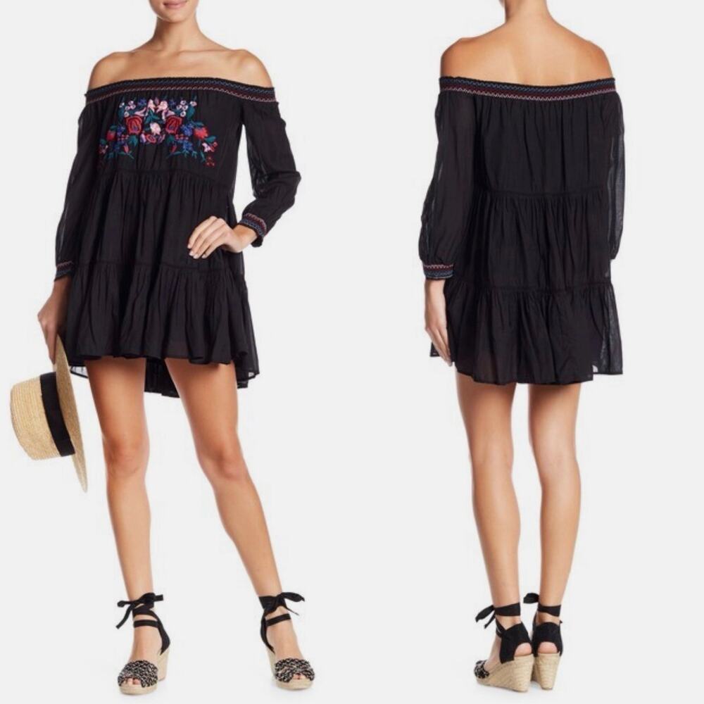FREE PEOPLE Womens Size S Sunbeams Minidress Black Embroidered Off Shoulders - Picture 1 of 13